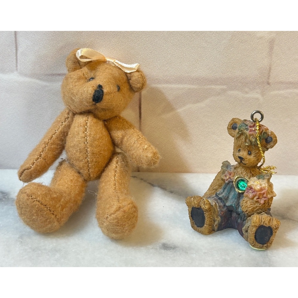 Youngs Inc May Birthday Bear Figurine & Miniature Jointed Felt Teddy Bear Set